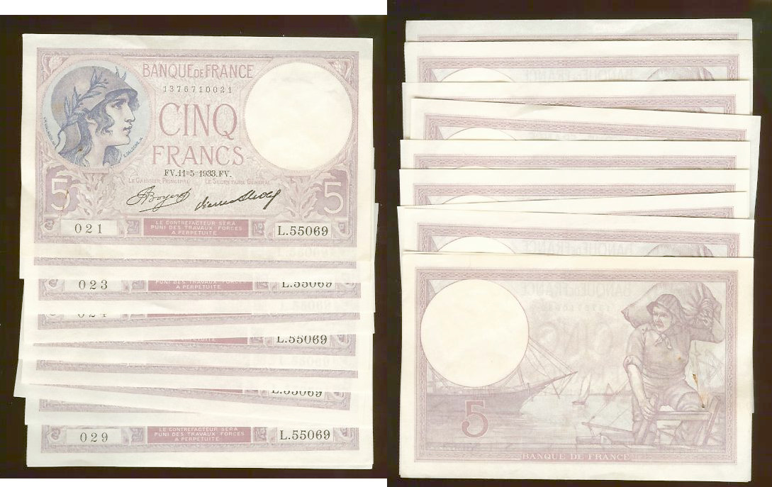 5 francs violet 1933 10 consecutive gEF